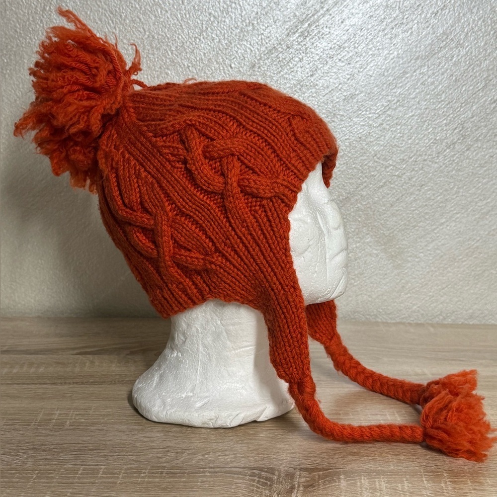 VTG Banana Republic Unisex Orange Sift Wool Chunky Cable Knit EarflapsBeanie Hat